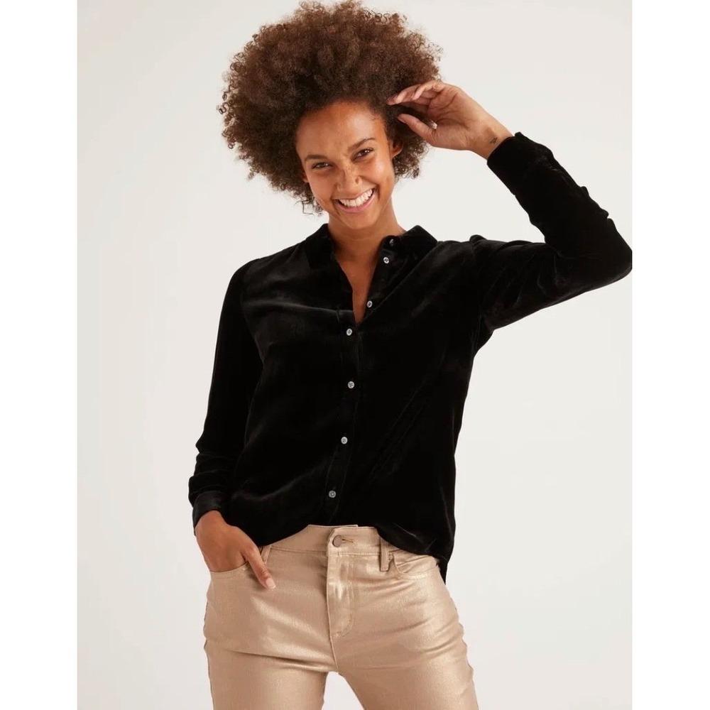 Boden Eloise Silk Blend Velvet Shirt Womens Size 2 Black Chic Luxury Glam